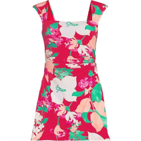 Land's End Smoothing Square Neck Ruched 1 piece Swimsuit Coral Roses Lilies 8 P - Picture 4 of 10